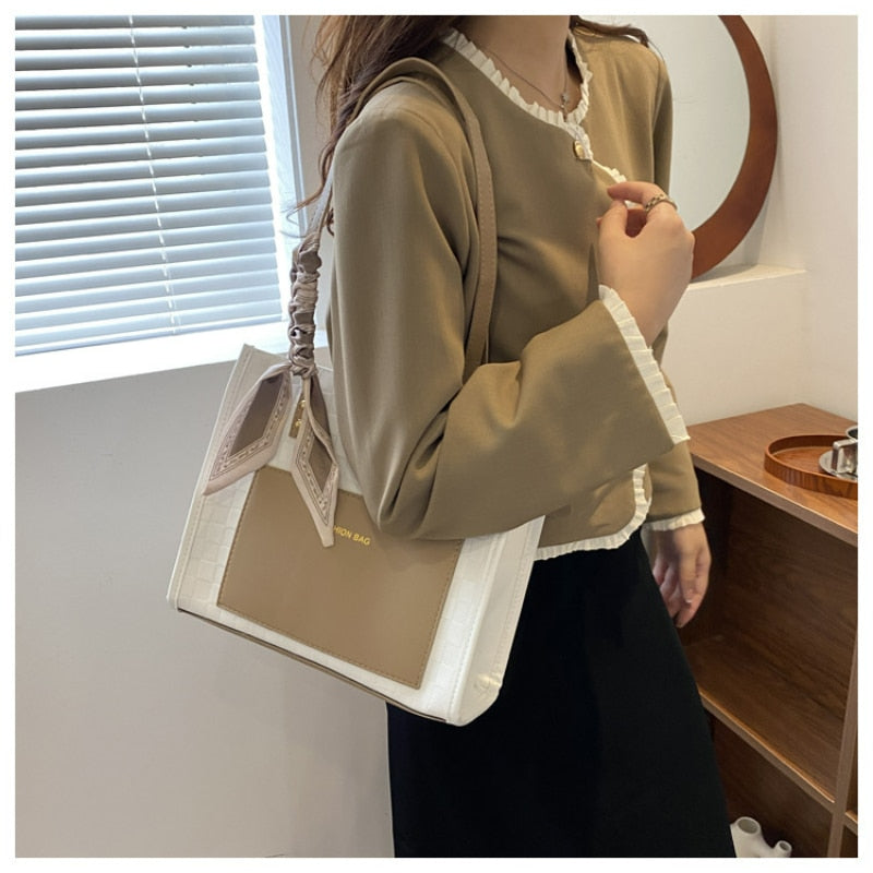 TRAVEASY 2023 Fashion PU Leather Large Capacity zipper Tote Bags for Women Casual Patchwork Scarves Commute Female Shoulder Bags