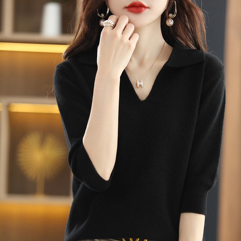 Fashion V-Neck Solid Color Pullovers Sweater Women&#39;s Clothing 2022 New Half Sleeve Casual Tops Loose Office Lady Knitted Basic