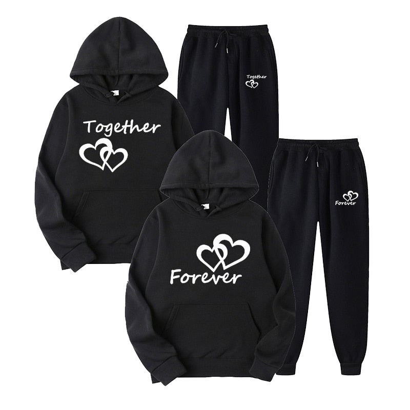 Fashion Men and Women Unisex Couple Sportwear Set Lover Forever Together Printed Hooded Suits Set Hoodie and Pants Streetwear