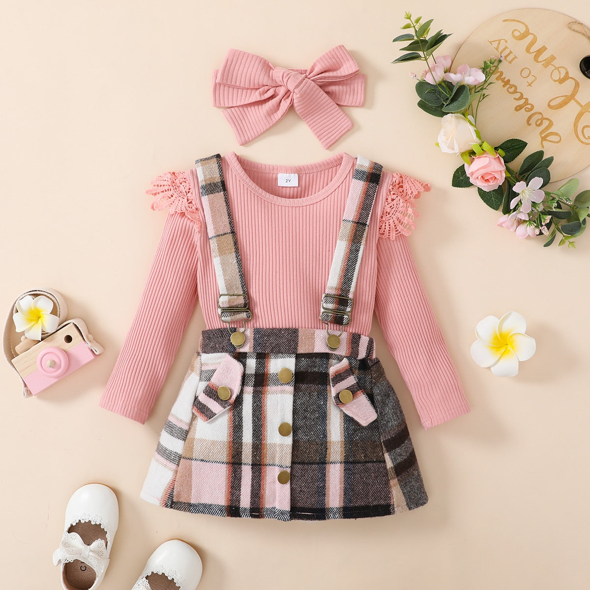 PatPat 3pcs Toddler Girl Sweet Ruffled Ribbed Tee &amp; Adjustable Plaid Suspender Skirt and Headband Set