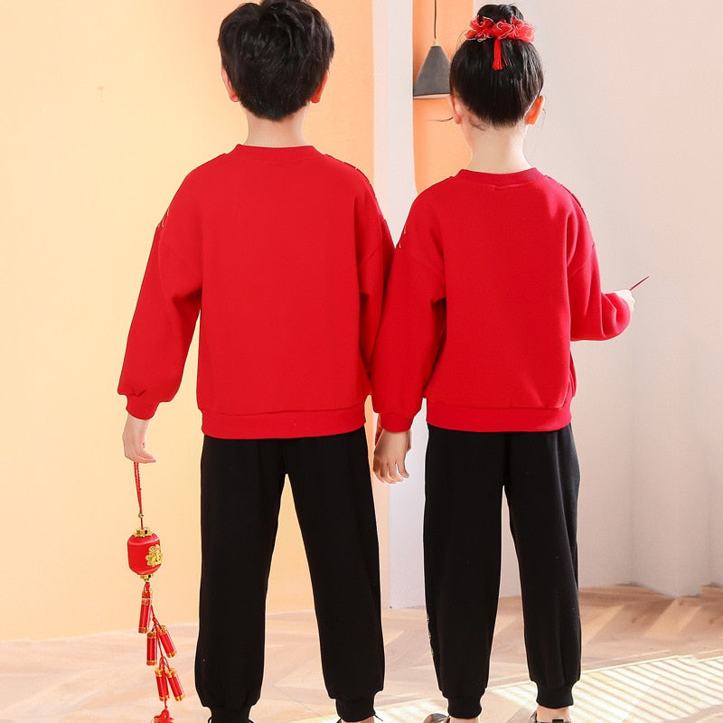 2022 Autumn Winter 2-14 Years Children Brother Sister Family Matching Outfits Thicken Chinese Sweatshirt+Pants Set For Boy Girl