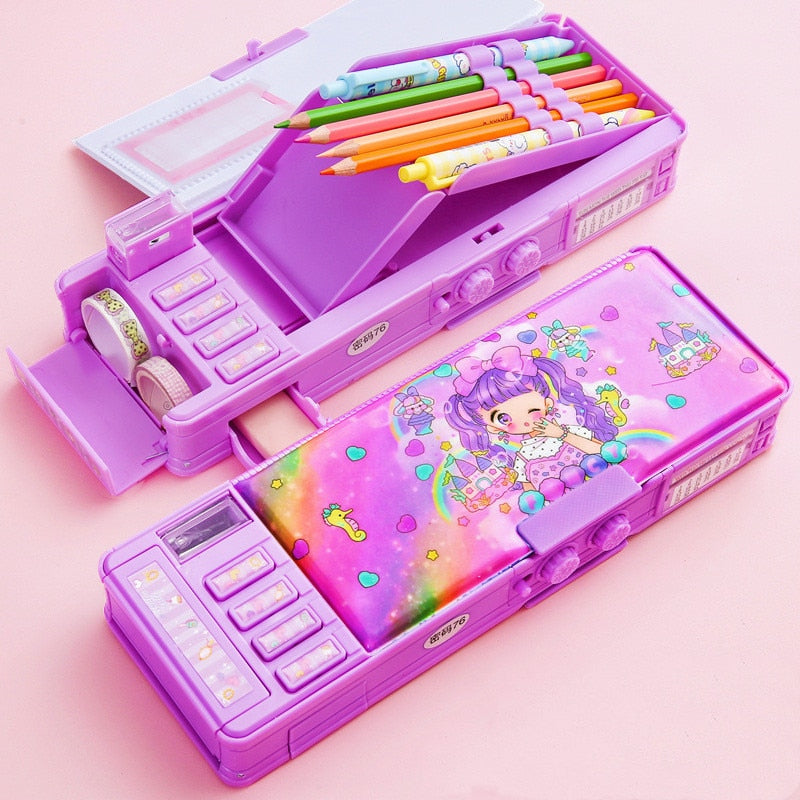 Mechanical deformation combination lock stationery box girl cute pencil case school student pencil box Cartoon plastic pen case