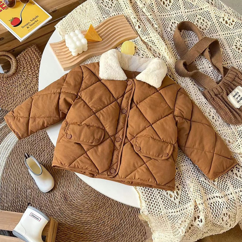 2022 New Winter Children&#39;s Warm Cotton Jackets Rabbit Fur Collar Coats Baby Short Quilted Jacket Kids Clothes Girl Boy Outerwear