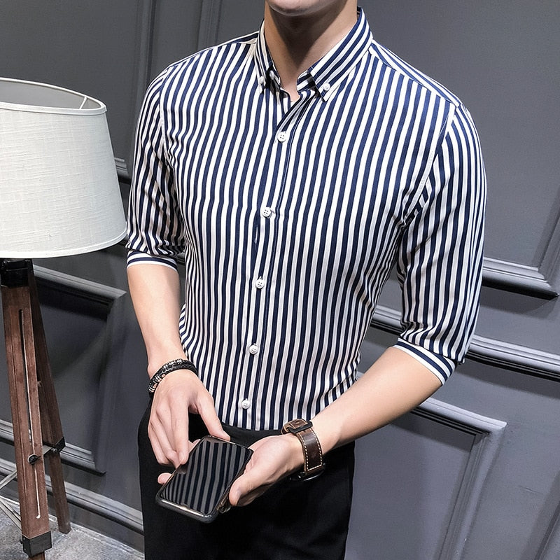 Men&#39;s Shirt Fashion Casual Striped Long Sleeved 3/4 Sleeve Slim Fit Spring Summer Autumn Quality Male Button Down Shirt