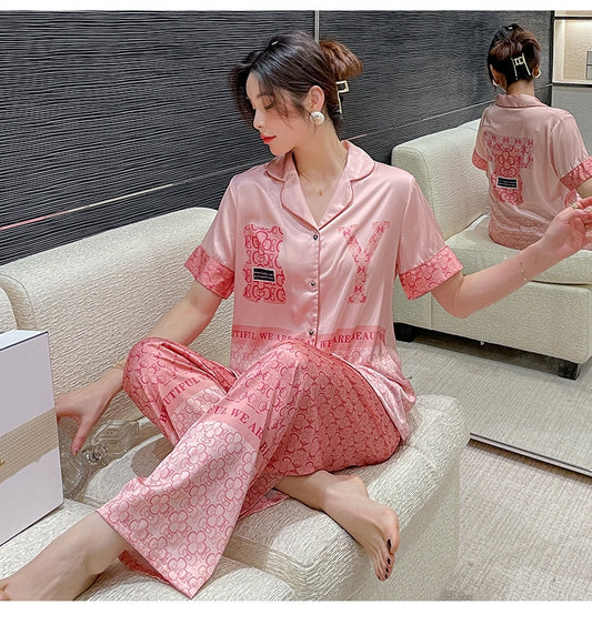 New pajamas female cartoon bear sweet and cute girl short-sleeved trousers suit  пижама хлопок  two piece set summer