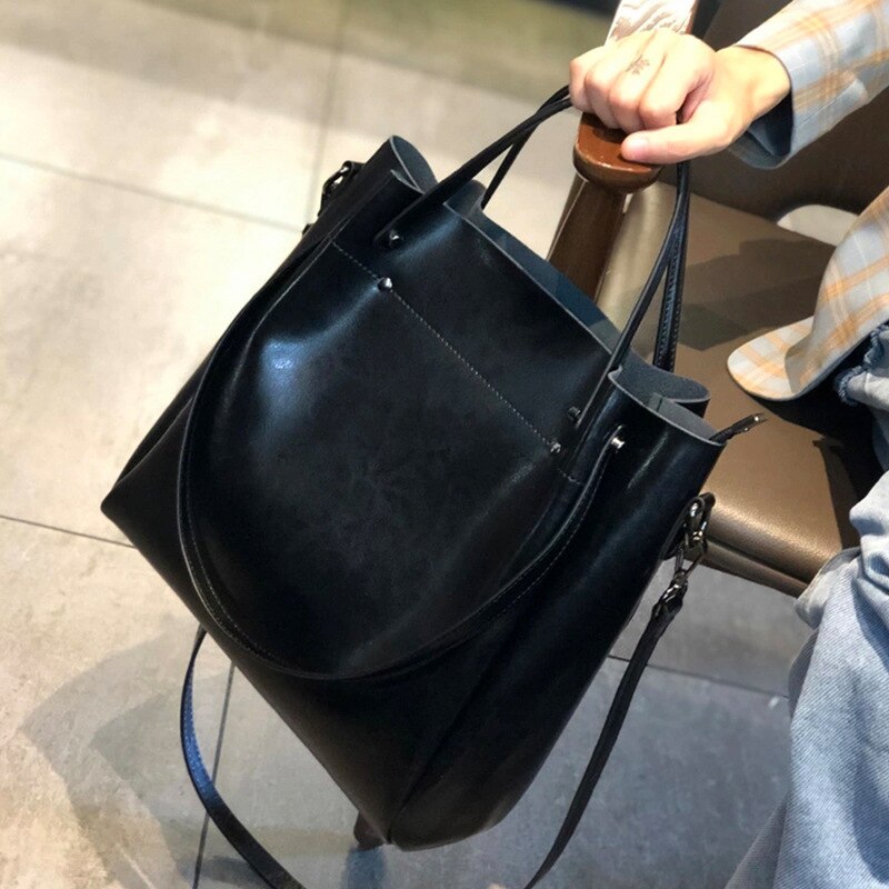 One-shoulder Large Casual Tote Fashion Messenger Cowhide Leather Women&#39;s Bag Large-capacity Ladies Handbag Bucket High Quality