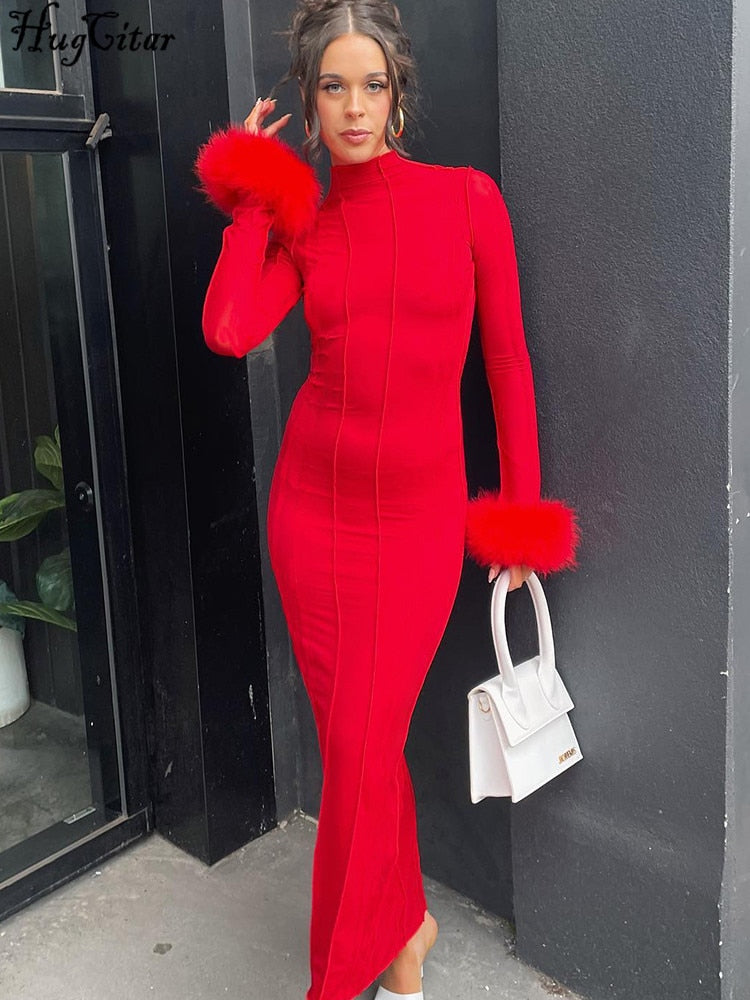 Hugcitar Feather Long Sleeves Bright Line Sexy Bodycon Maxi Prom Dress Fall Women Elegant Casual Outfit Evening Party Club Y2K W