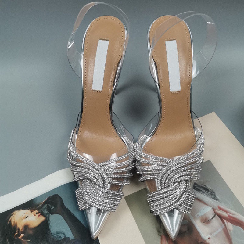 Women Sandals Pointed Toe Crystal Transparent Female Pumps Thin High Heel Slip-On Solid Sexy Ladies Summer Shoes Fashion New