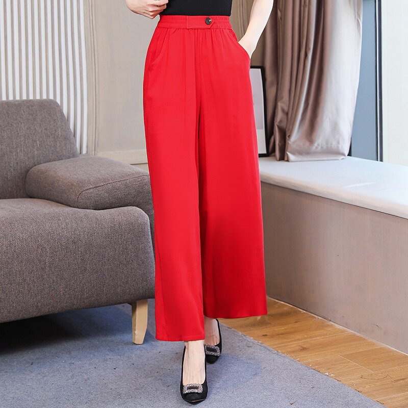 Summer Wide Leg Pants Women Loose High Waist Beach Ankle-Length Trousers Summer Casual Retro Print Plaid Pants