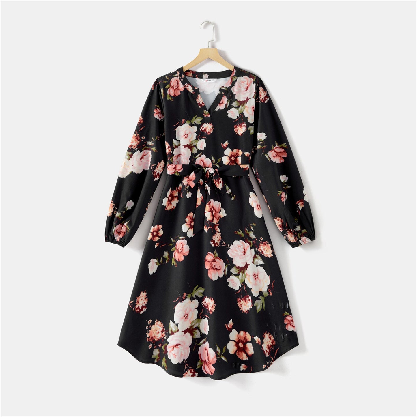 PatPat Mommy and Me Allover Floral Print Black Notch Neck Belted Long-sleeve Dresses