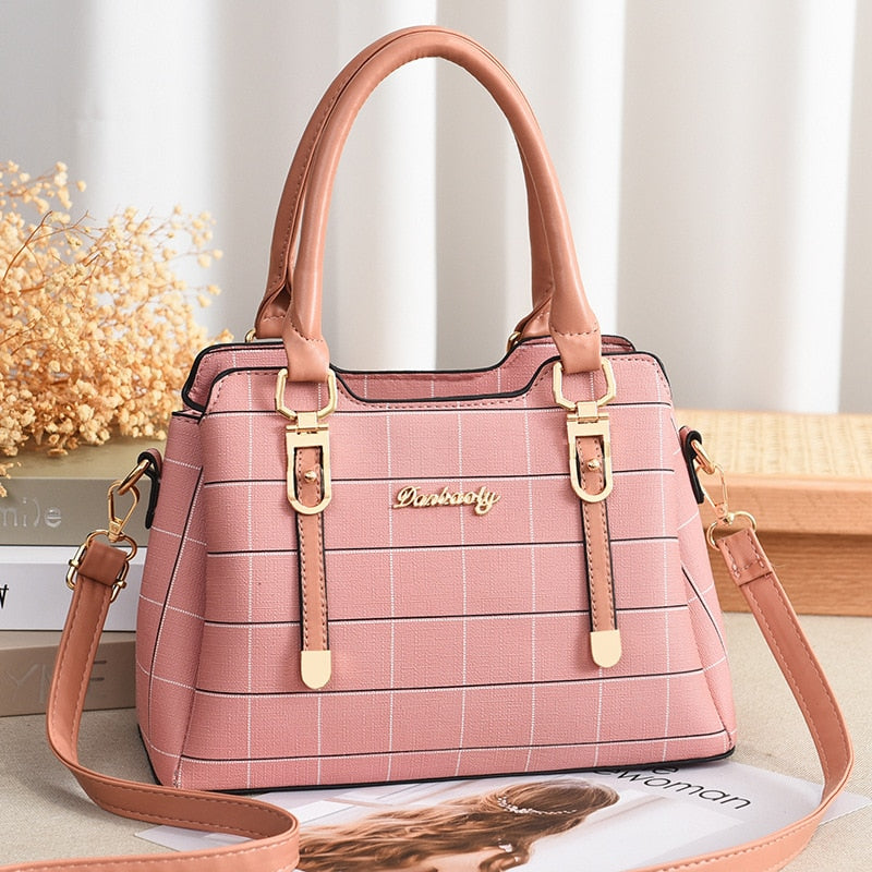 TRAVEASY 2022 PU Leather Plaid Patchwork Female Shoulder Bag Casual Zipper Large Capacity Top-Handle Bag for Women Crossbody Bag