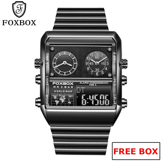 FOXBOX Luxury Gold Watches For Men Casual Sports Chronograph Quartz WristWatch Waterproof Watches Digital Clock New reloj hombre