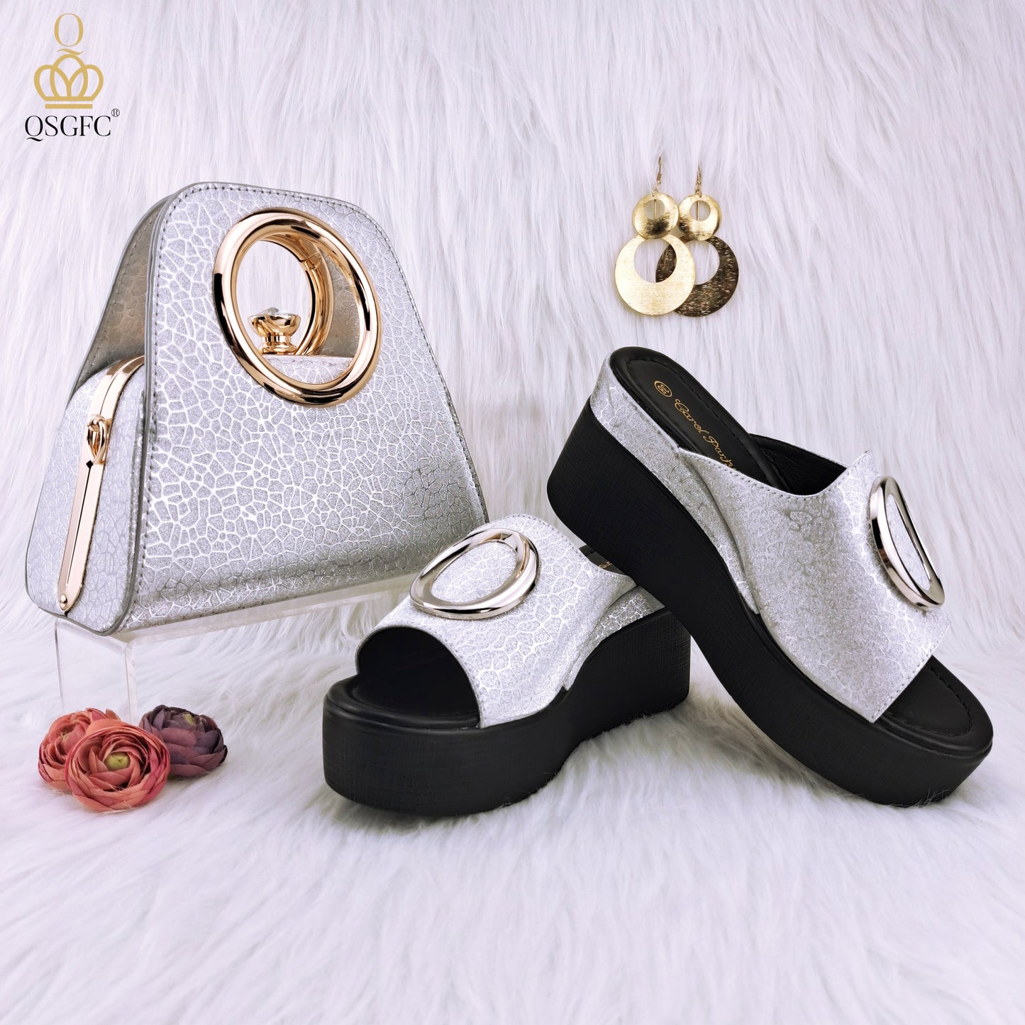 QSGFC Autumn Silver Color Elegant Simple Versatile Round Metal Decoration Ladies Sandals Comfortable Insole Shoes and Bags Set