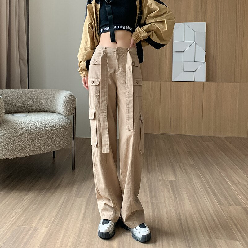 Vintage Cargo Pants Women Casual Pants Autumn New Women Clothing Belt Wide Leg Pants Straight Trousers Basic Soild Pants Women