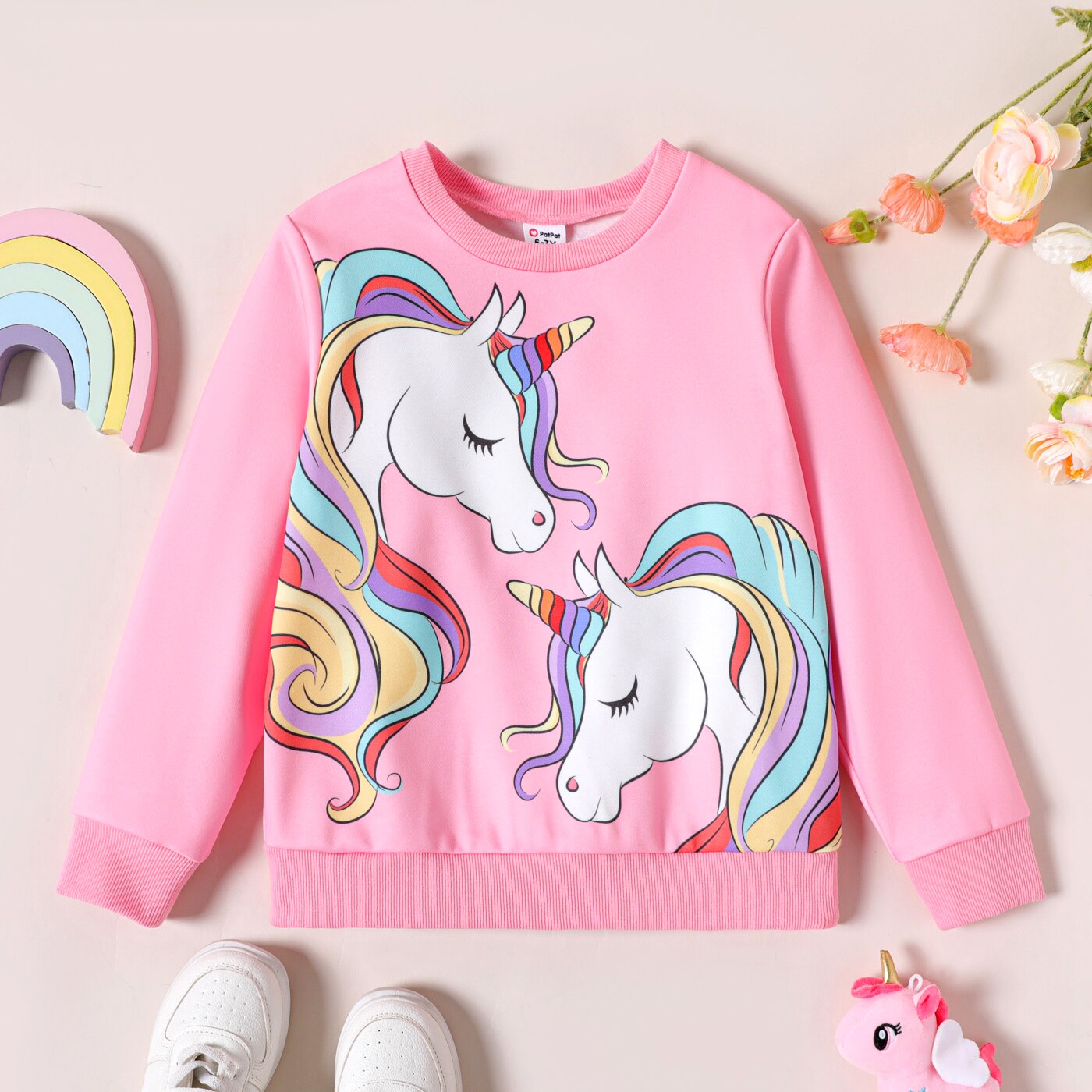 PatPat Kid Girl Unicorn Print Fleece Lined Pink Pullover Sweatshirt