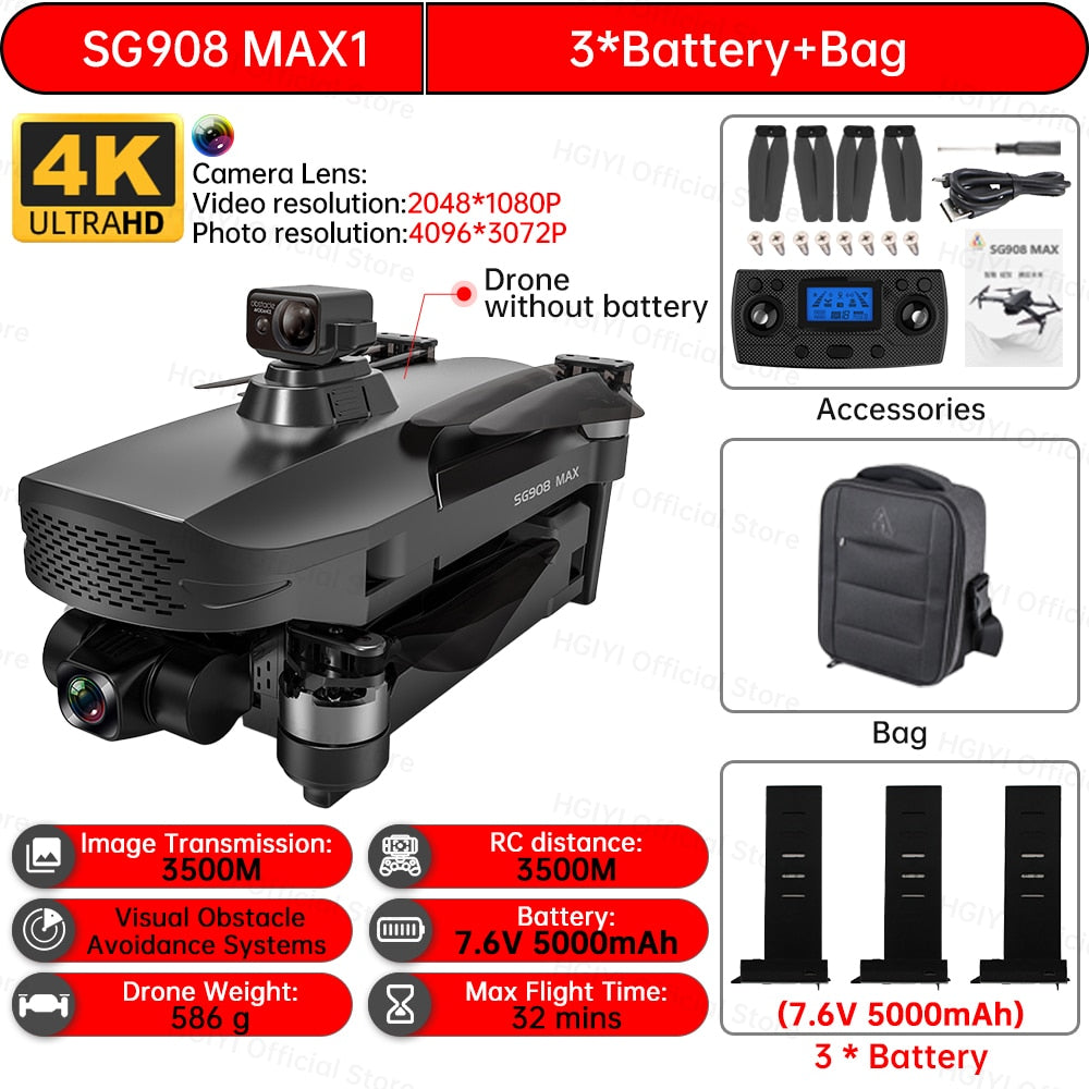 HGIYI SG908 Max Drone 4K Profesional 3-Axis Gimbal Obstacle Avoidance HD Camera Dron GPS RC Helicopter Quadcopter VS SG907 Max