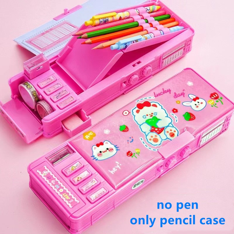 Mechanical deformation combination lock stationery box girl cute pencil case school student pencil box Cartoon plastic pen case