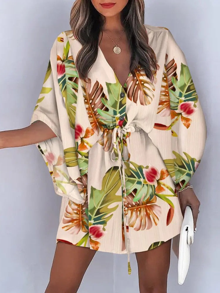 Casual Boho Beach Vacation Mini Dress Women Summer Print Lace Up Button Batwing Sleeve Dresses For Women&#39;s Loose  Female Robe