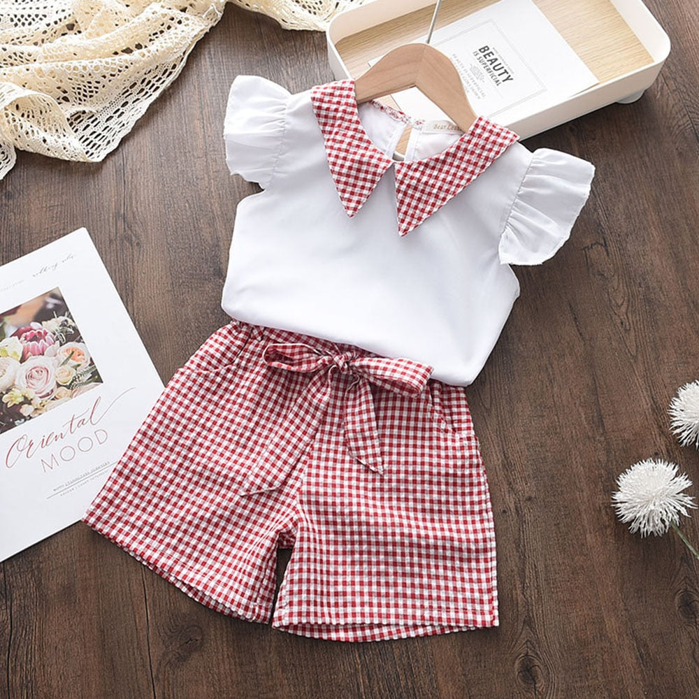 Menoea Toddler Girls Clothes Sets 2022 New Summer Patchwork T-shirts + Plaid Bow Shorts Casual Outfits Baby Kids Clothing Suits