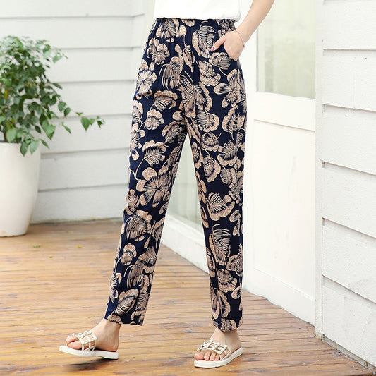 2023 Summer Casual Pencil Pants Women Bottoms Vintage High Waist Pants with Print Elastic Waist Middle Aged Women Trousers