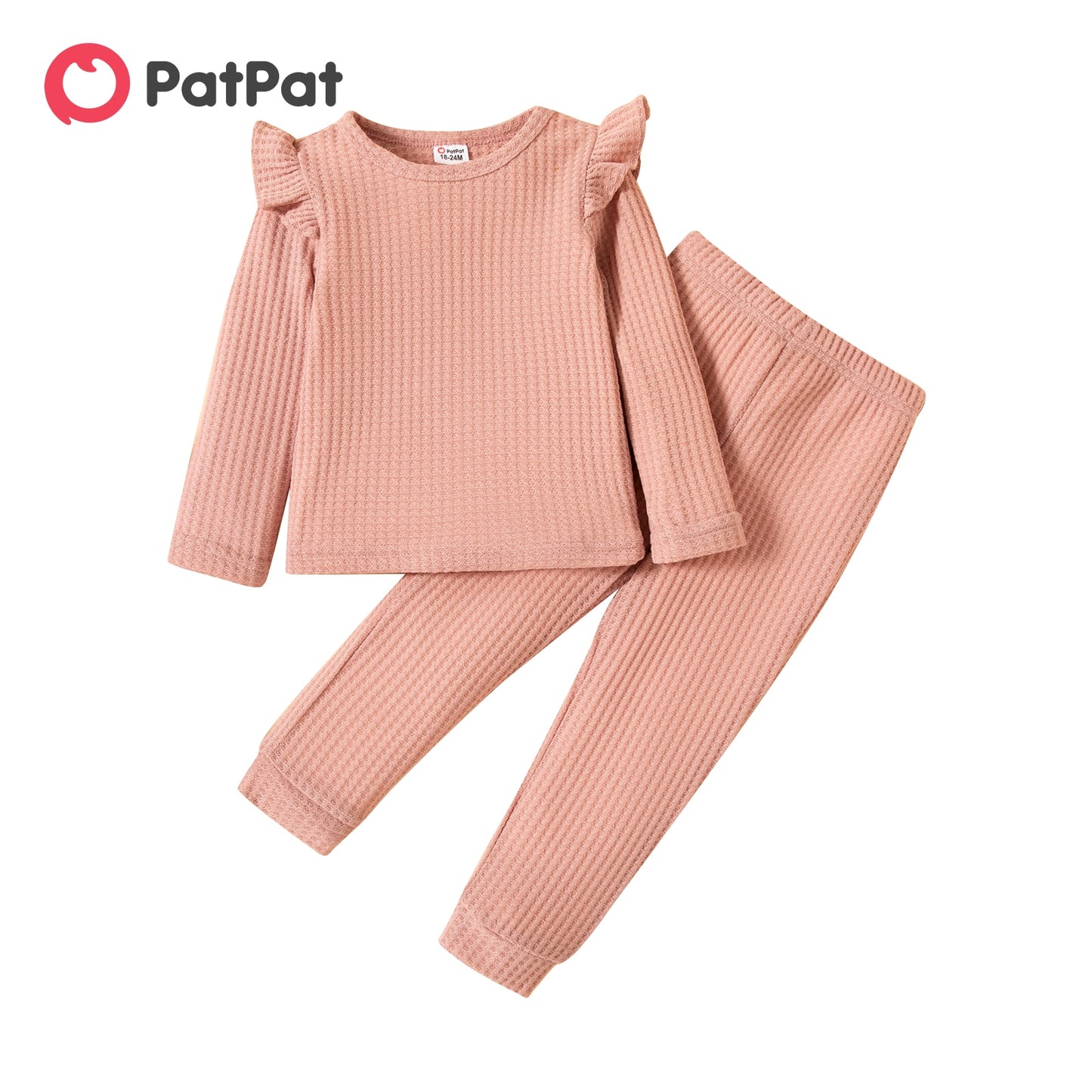 PatPat 2-piece Toddler Girl Ruffled Textured Long-sleeve Top and Solid Color Pants Set