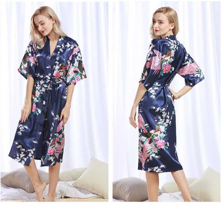 Womens Silk Satin Kimono Robes Long Sleepwear Dressing Gown Floral Peacock Printed Pattern Party Wedding Bridesmaid Bathrobe