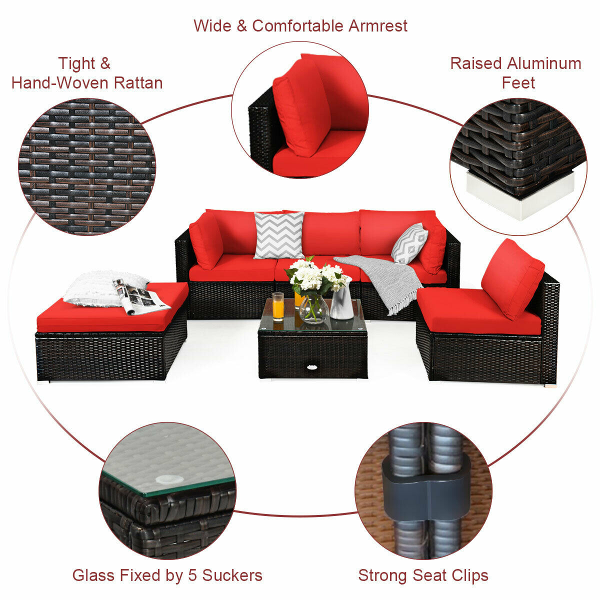 6 PCS Outdoor Patio Sofa Set All Weather Rattan Sectional Sofa Couch with Coffee Table for Garden Backyard Red Cushion