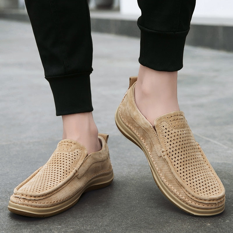 Genuine Leather Men Shoes Casual Luxury Brand Slip on Summer Designer Loafers Men Moccasins Breathable Gray Men Driving Shoes