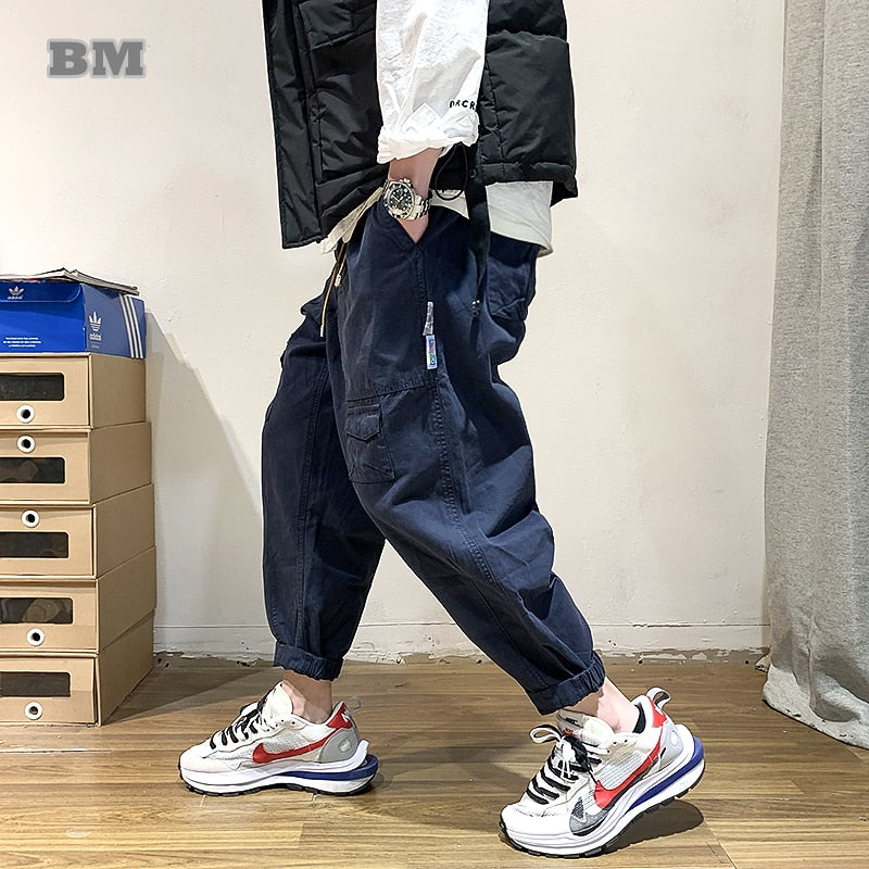 Korean Style Streetwear Loose Fashion Harem Pants Hip Hop Baggy Cropped Pants Men Clothing Harajuku Casual Cargo Joggers Male