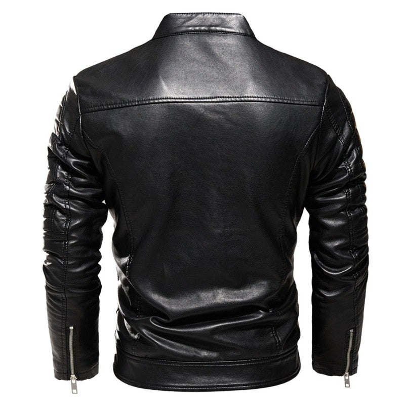 Mens Winter Jacket Lapel Black Leather Motorcycle Jacket Men Biker Coats Pleated Design Smart Jacket Men Warm Fur Lined Slim Fit