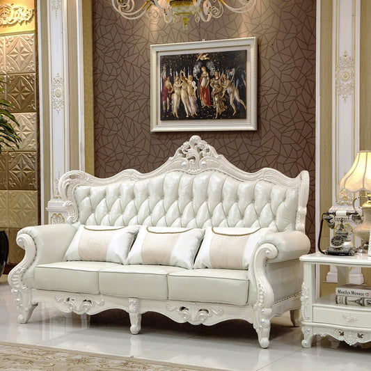 European Style Villa Sofa Small Apartment First Layer Leather 1+2+3 Cowhide Combination Ivory White Living Room Furniture