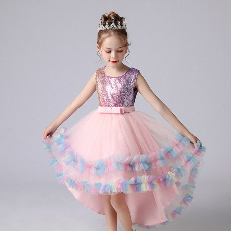 2022 Europe Summer Party Princess Dress Girl Sleeveless Patchwork High Low Girl Dresses Piano Host Birthday Wedding Flower E1803