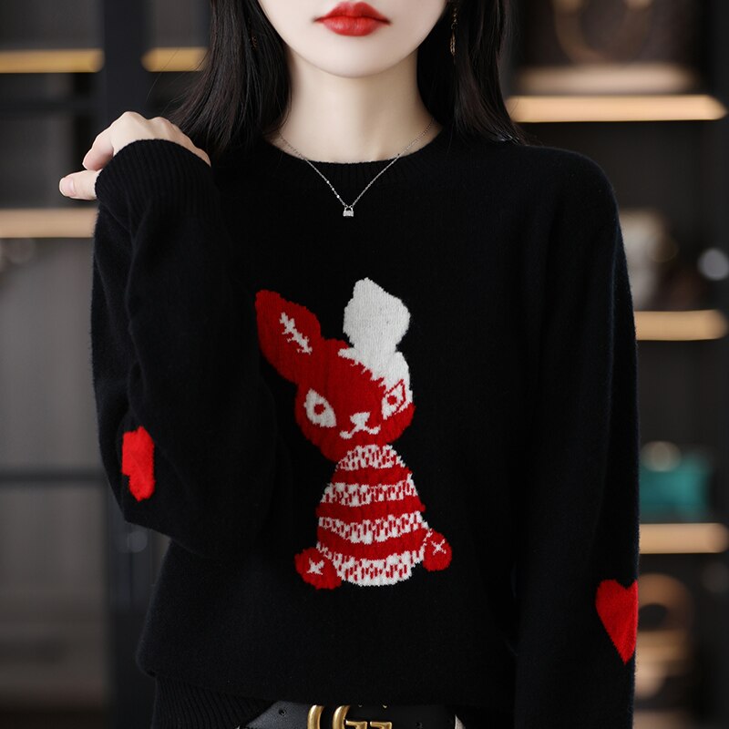 2023 Rabbit New Year Sweater Comfortable And Warm 100% Merino Wool Pullover Korean Fashion Large Women&#39;s Top Free Of Freight