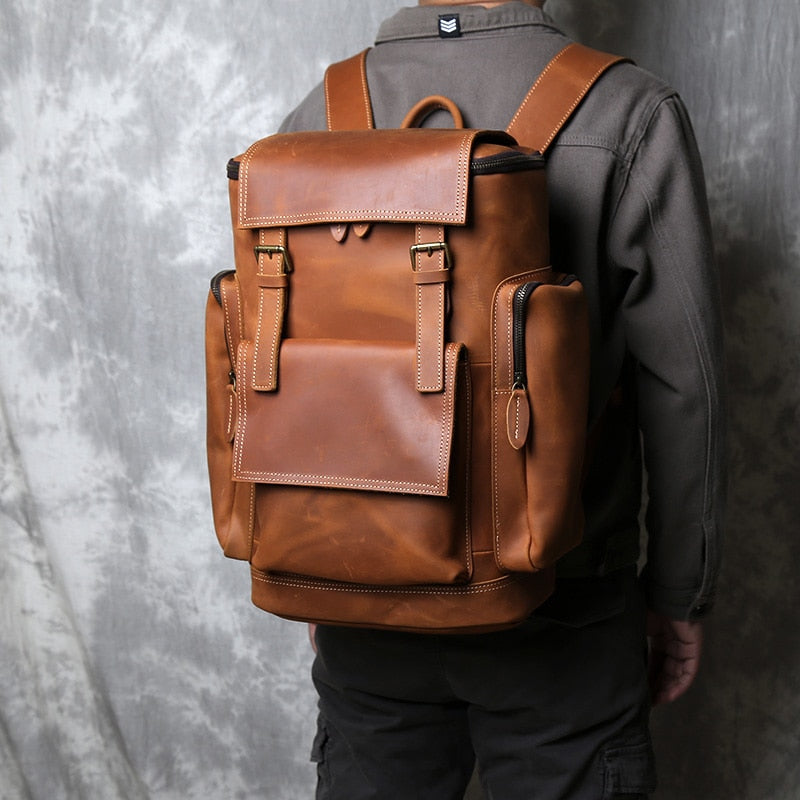 NZPJ Retro Genuine Leather Men&#39;s Backpack First Layer Leather Travel Backpack Large Capacity Natural Cowhide  Laptop Bag