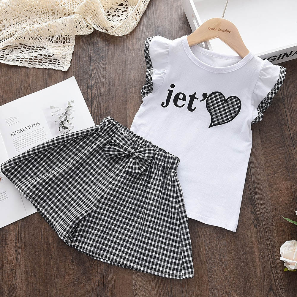 Menoea Toddler Girls Clothes Sets 2022 New Summer Patchwork T-shirts + Plaid Bow Shorts Casual Outfits Baby Kids Clothing Suits