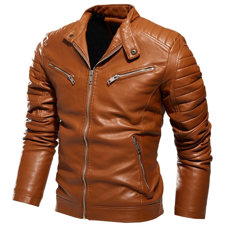 Mens Winter Jacket Lapel Black Leather Motorcycle Jacket Men Biker Coats Pleated Design Smart Jacket Men Warm Fur Lined Slim Fit