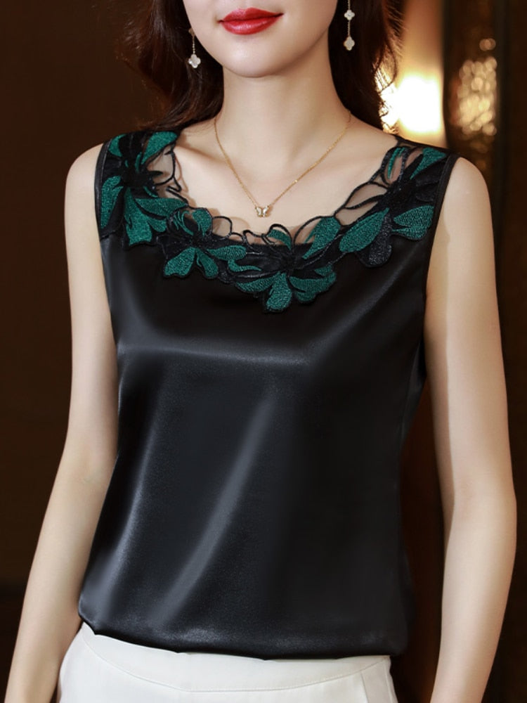 Womens Tops Satin Blouses for Women Women&#39;s Vest Lace Sleeveless Tank Top Floral Elegant Blouse Silk Women Clothing Ladies Tops