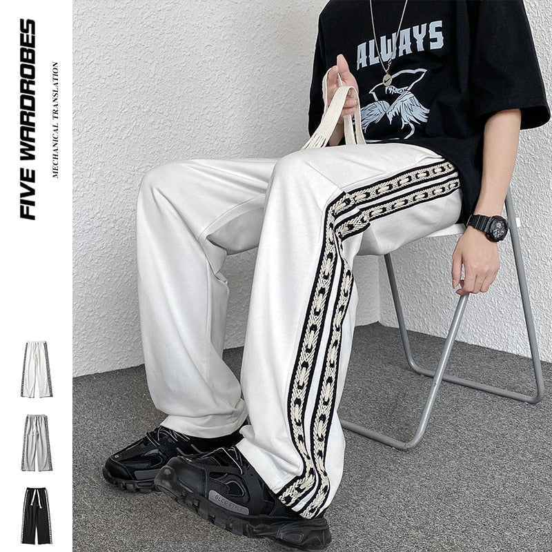 Korean style fashion men&#39;s lace-up knitted sweatpants loose straight wide leg pants boy jogging trousers casual pants black grey