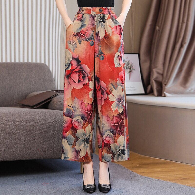 Summer Wide Leg Pants Women Loose High Waist Beach Ankle-Length Trousers Summer Casual Retro Print Plaid Pants