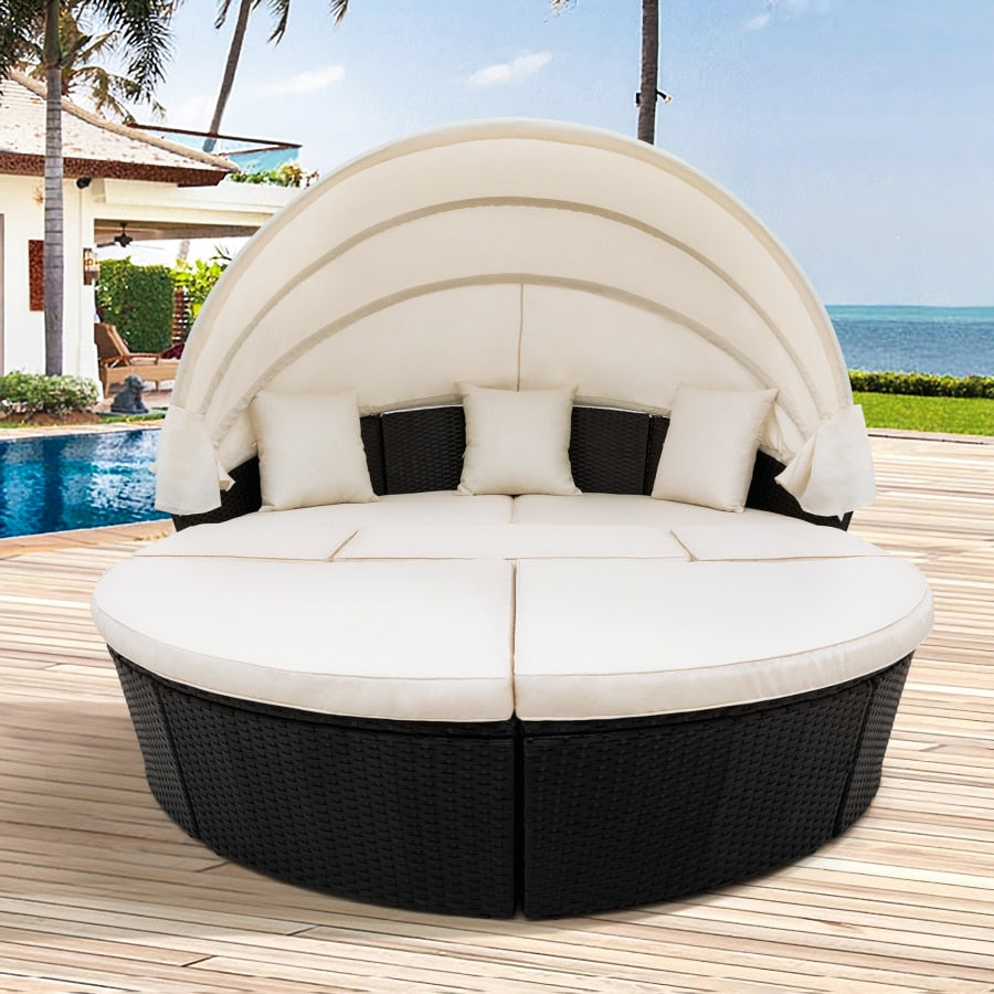 Outdoor garden furniture rattan sofa bed and retractable canopy, round outdoor sofa set, wicker furniture clamshell seat beige.