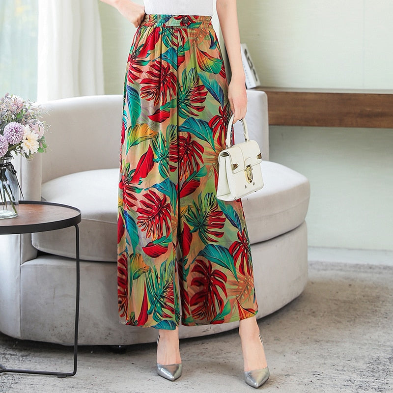 Summer Wide Leg Pants Women Loose High Waist Beach Ankle-Length Trousers Summer Casual Retro Print Plaid Pants