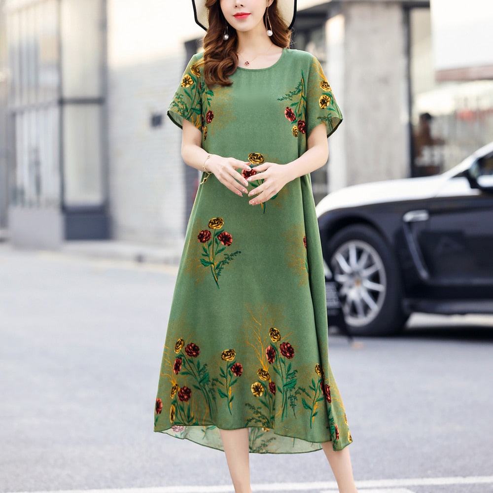 New Fashion 2023 Summer Dress For Long Vintage Loose Women Elegant Short Sleeve Casual O-neck Dresses Print Woman Clothing