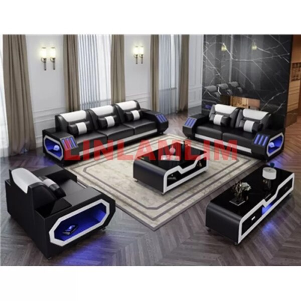 MANBAS Leather Sofa Set with LED Light Living Room Furniture Couch Sofas Modernos Para Sala Grandes Sofás with USB Charging,Tabl