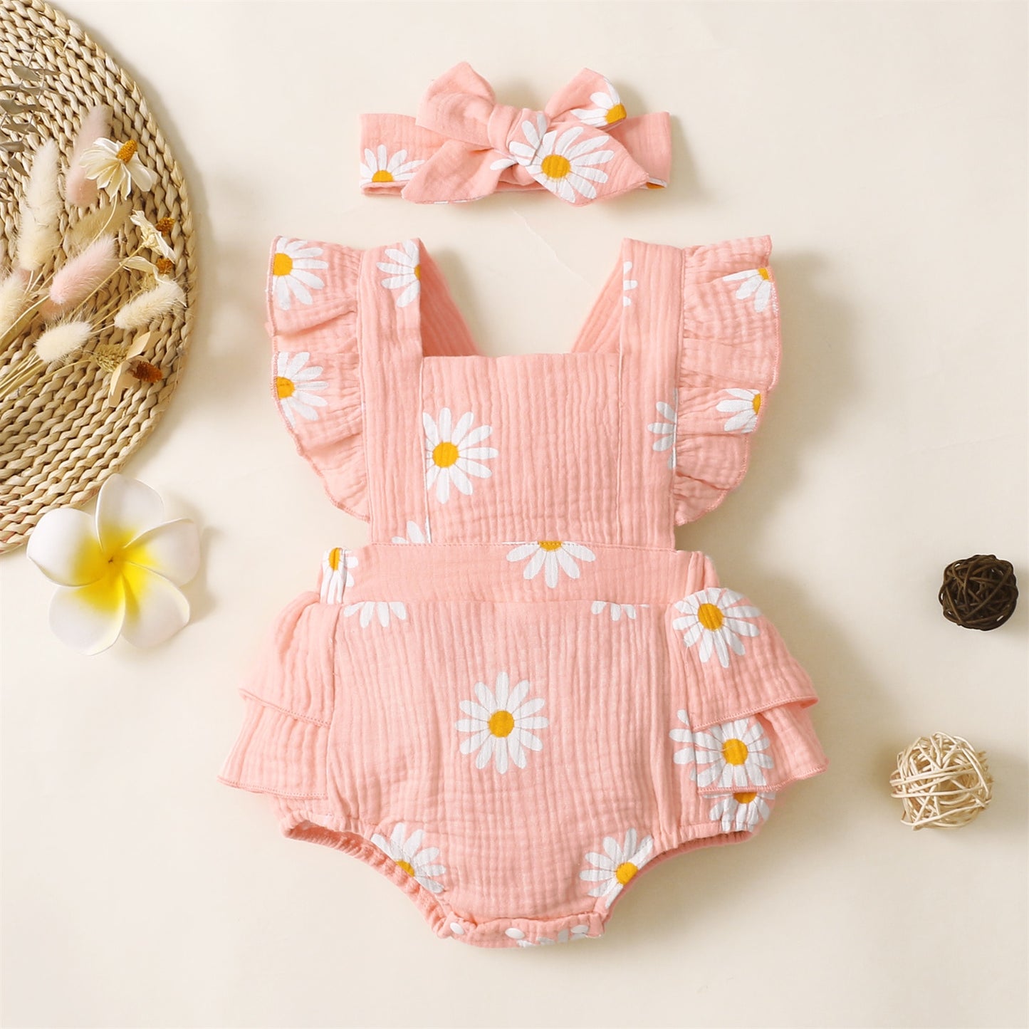 PatPat 100% Cotton 2pcs Baby Girl Bodysuit Daisy Print Crepe Fabric Baby Romper Sets Baby Girls Jumpsuits Clothes