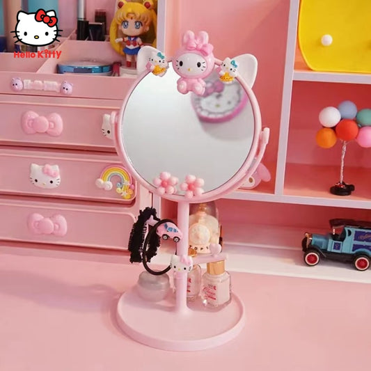 Kawaii Hello Kitty Portable Cartoon Folding Mirror Desk Mirror Round Desk Girl Cute Dressing Mirror Makeup Mirror Handle Mirror