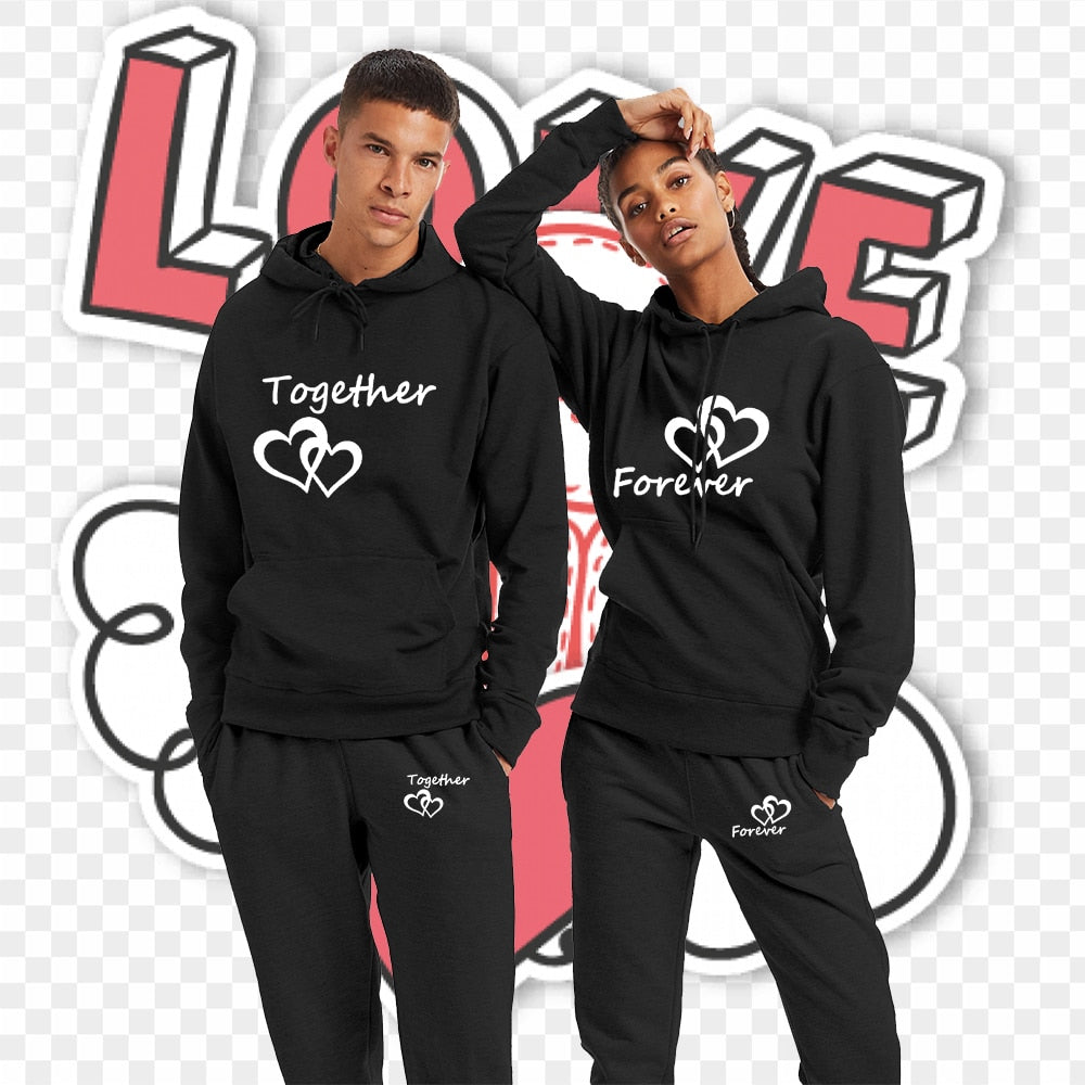 Fashion Men and Women Unisex Couple Sportwear Set Lover Forever Together Printed Hooded Suits Set Hoodie and Pants Streetwear