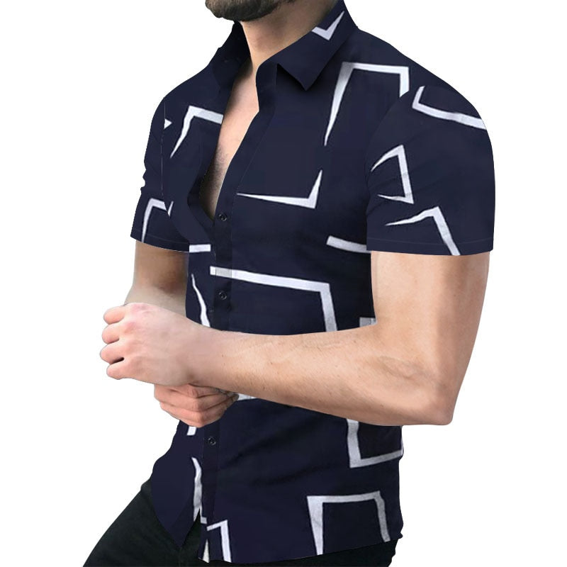 Summer Men&#39;s Luxury Black White Striped Printed Hawaii Casual Shirts 2022 Summer Men Clothing Cardigan Short Sleeve Dress Shirt