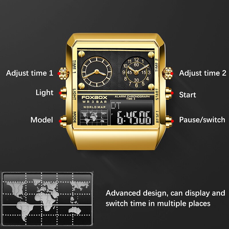 FOXBOX Luxury Gold Watches For Men Casual Sports Chronograph Quartz WristWatch Waterproof Watches Digital Clock New reloj hombre