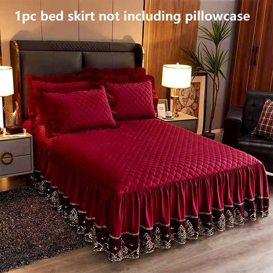 Luxury Solid Color Crystal Velet Quilted Bedspread King Queen Size Lace Soft Coral Fleece Bed Skirt Not Including Pillowcase