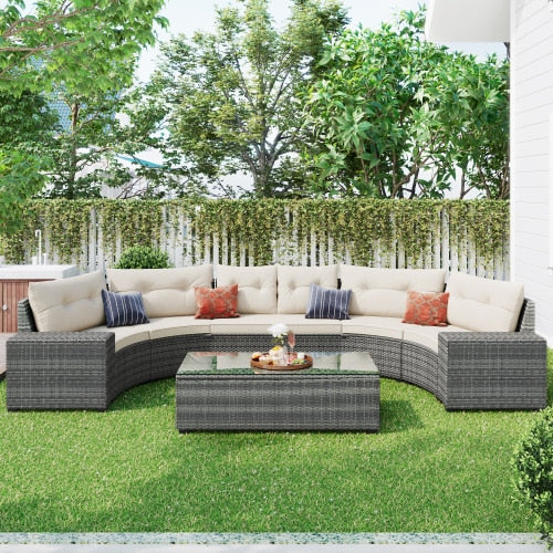 8-pieces Outdoor Wicker Round Sofa Set, Half-Moon Sectional Sets All Weather, Curved Sofa Set With Rectangular Coffee Table